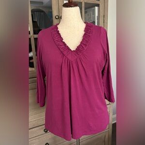 Jones New York fuchsia gathered v-neck long sleeve top - 1X